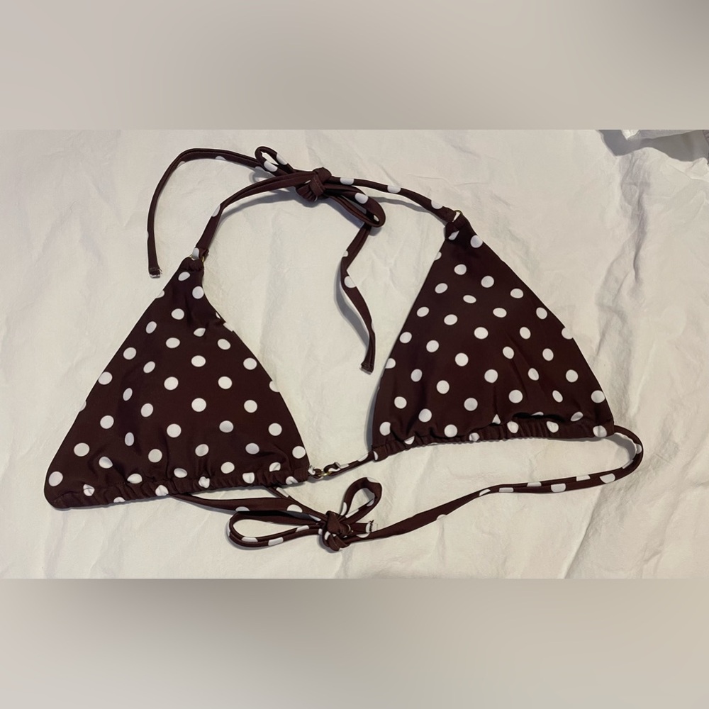 Brown Triangle Bikini Top with White Polka Dots